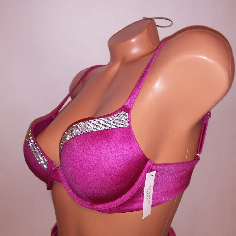 Victoria Secret Swim Bikini 34DD Top Small Bottom Push Up Pink Shine Trim Bling